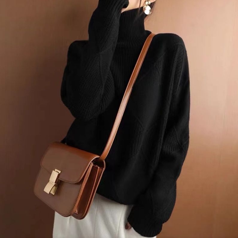 FEYLINA  | Pull Col Roulé à Motif Losange Texturé